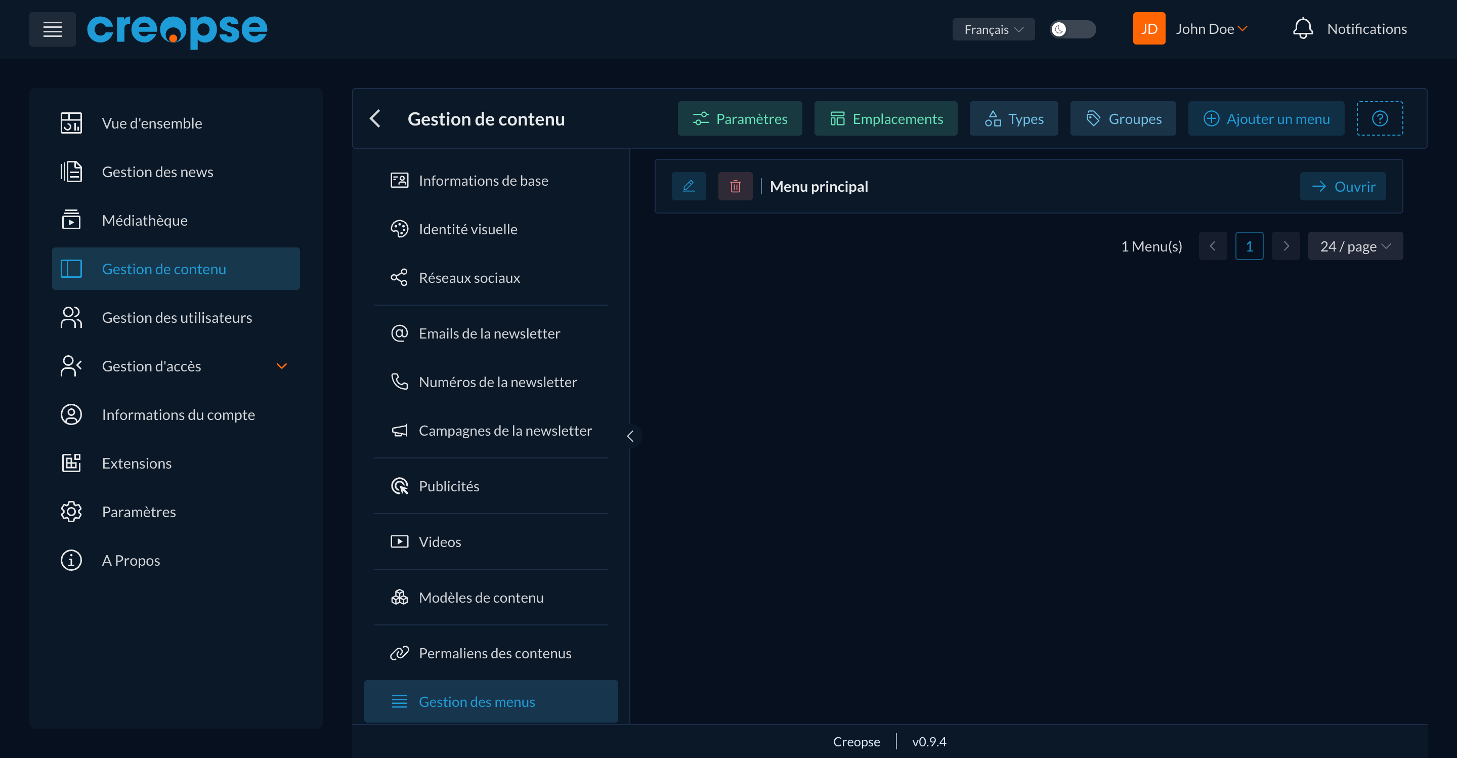 Gestion des menus