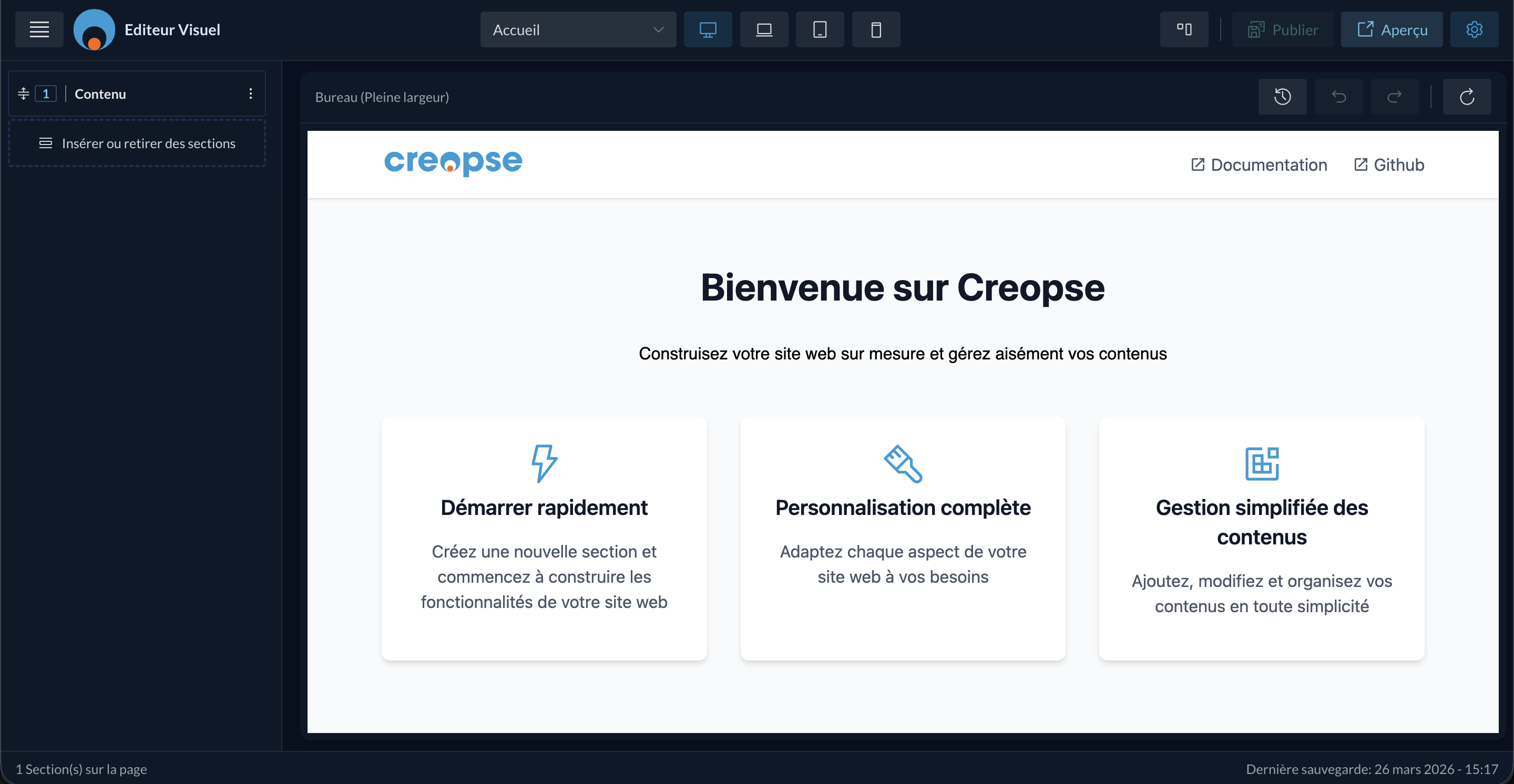 Capture d'écran de l'éditeur visuel Creopse