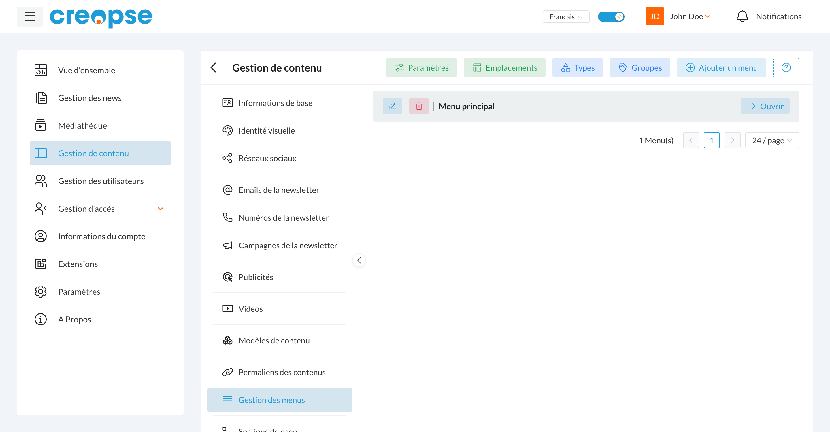 Gestion des menus